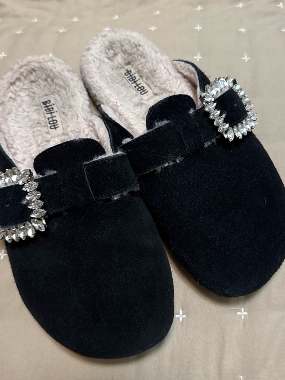 Anthropologie- Bibi Lou Black Suede Faux-Sherpa Mule Slippers w/Crystal Buckle